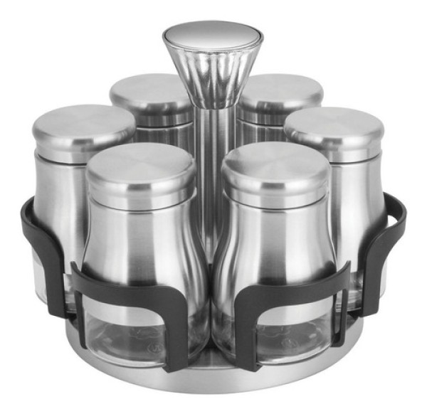 Jogo de porta-temperos em aço inox com suporte Uny Gift Luxo 6 peças