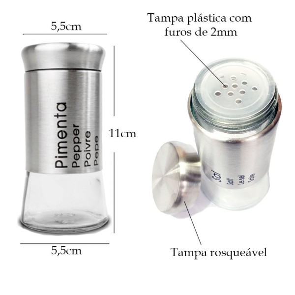 Encontraproduto.com.br - Saleiro E Pimenteiro Kit 2 Peças Vidro Com Inox Unyhome