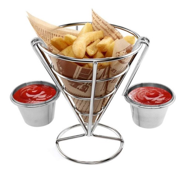 Petisqueira Cone Com Molheiras Suporte Batata Fritas Porções