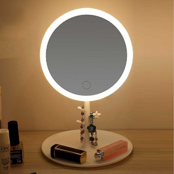 Encontraproduto.com.br - Espelho de Mesa de Plástico 18cm C/ Bandeja e Luz LED UniHome
