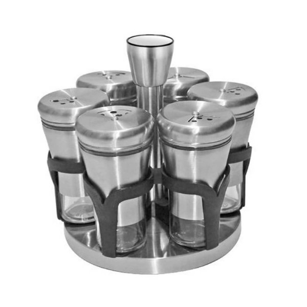 Encontraproduto.com.br - Jogo de porta-temperos em aço inox com suporte Uny Gift 6 peças