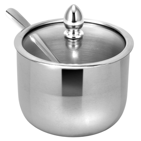 Encontraproduto.com.br - Açucareiro c/ Colher em Aço Inox e Tampa de Vidro 10x09cm UNYHOME.