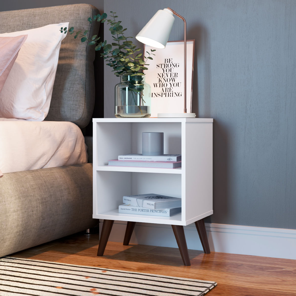 Encontraproduto.com.br - Mesa de Cabeceira Retrô com Prateleira em MDP Branco Completa Móveis
