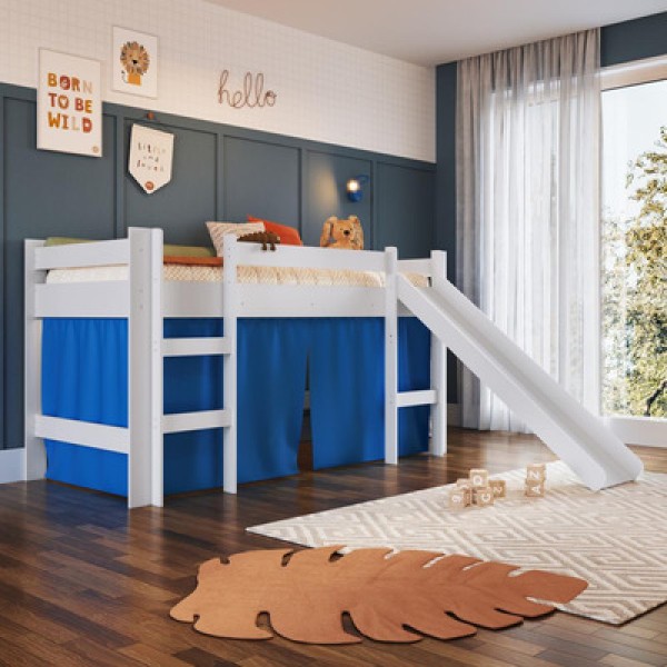 Cama Elevada Com Escorregador E Cortina BB1000 Branco/Azul - Completa Móveis
