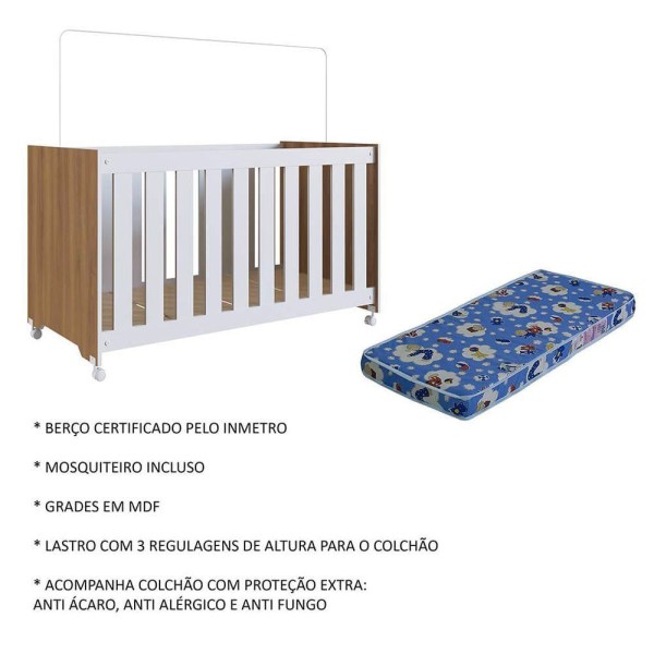 Encontraproduto.com.br - Berço Infantil Rodízio E Colchão Nogal Manchester Com Branco Lilies Móveis