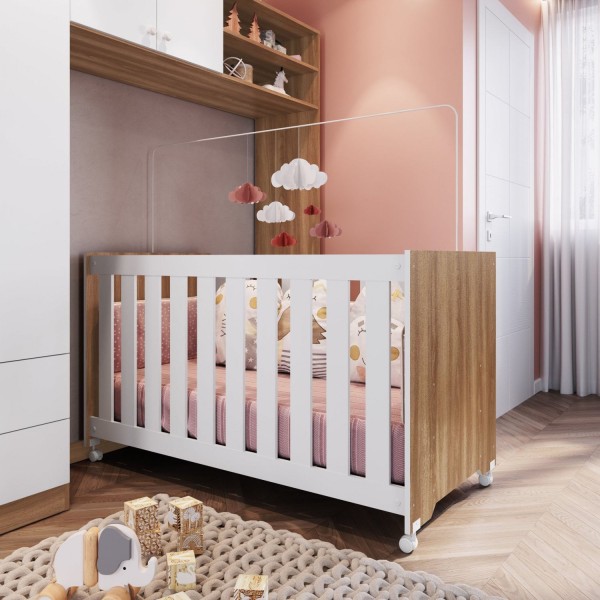 Encontraproduto.com.br - Berço Infantil Rodízio E Colchão Nogal Manchester Com Branco Lilies Móveis