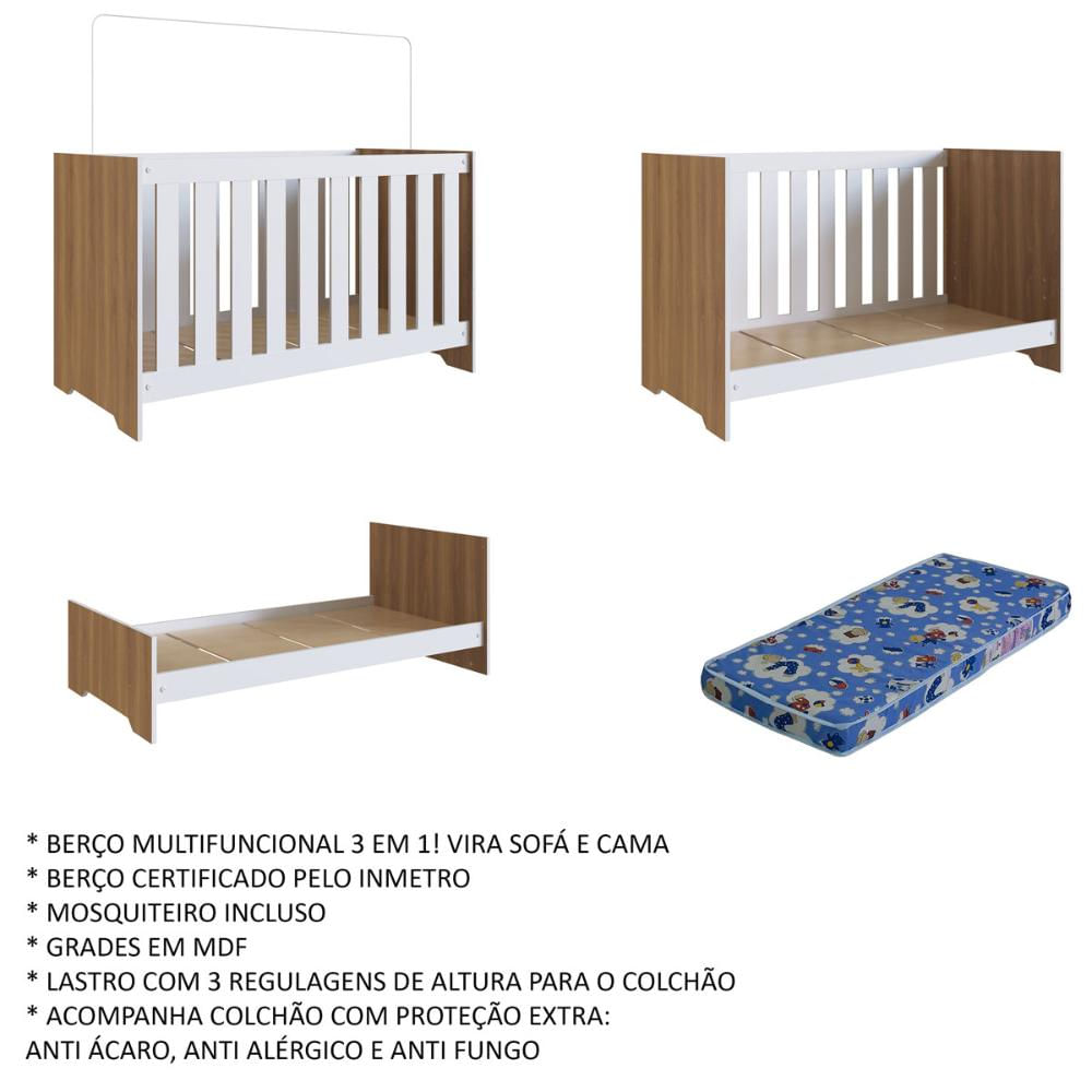 Encontraproduto.com.br - Berço Mini Cama Aconchego 3 em 1 com Colchão - Branco/Nogal