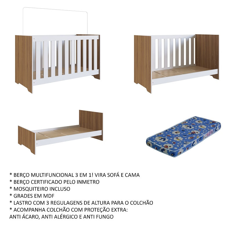 Encontraproduto.com.br - Berço Mini Cama Aconchego 3 em 1 com Colchão - Branco/Nogal