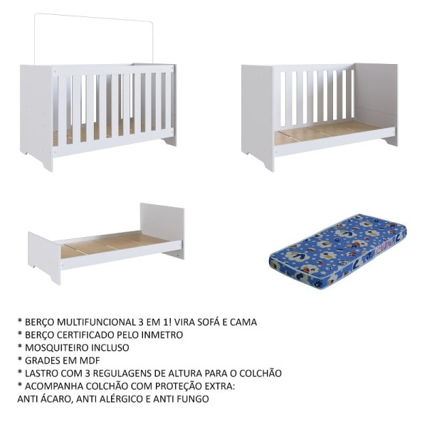 Encontraproduto.com.br - Berço Infantil com Colchão Bebê Aconchego 3 Regulagens de Altura 3 em 1 Elegante Branco