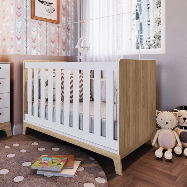 Encontraproduto.com.br - Berço Mini Cama Favo de Mel c/ Colchão e Regulagem de Altura - Natural/Branco