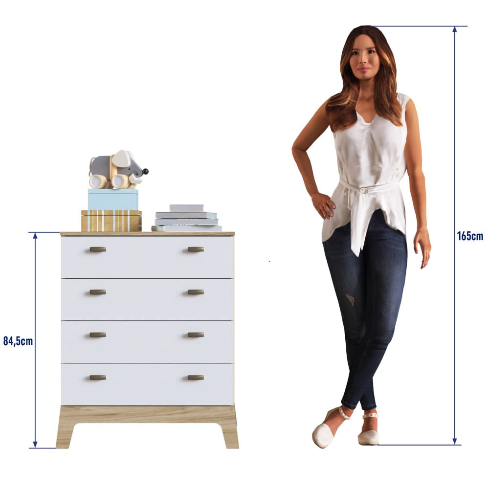 Encontraproduto.com.br - Cômoda Infantil Multiuso Organizadora Quarto 4 Gavetas Design Retrô Branco Com Marrom Madeira