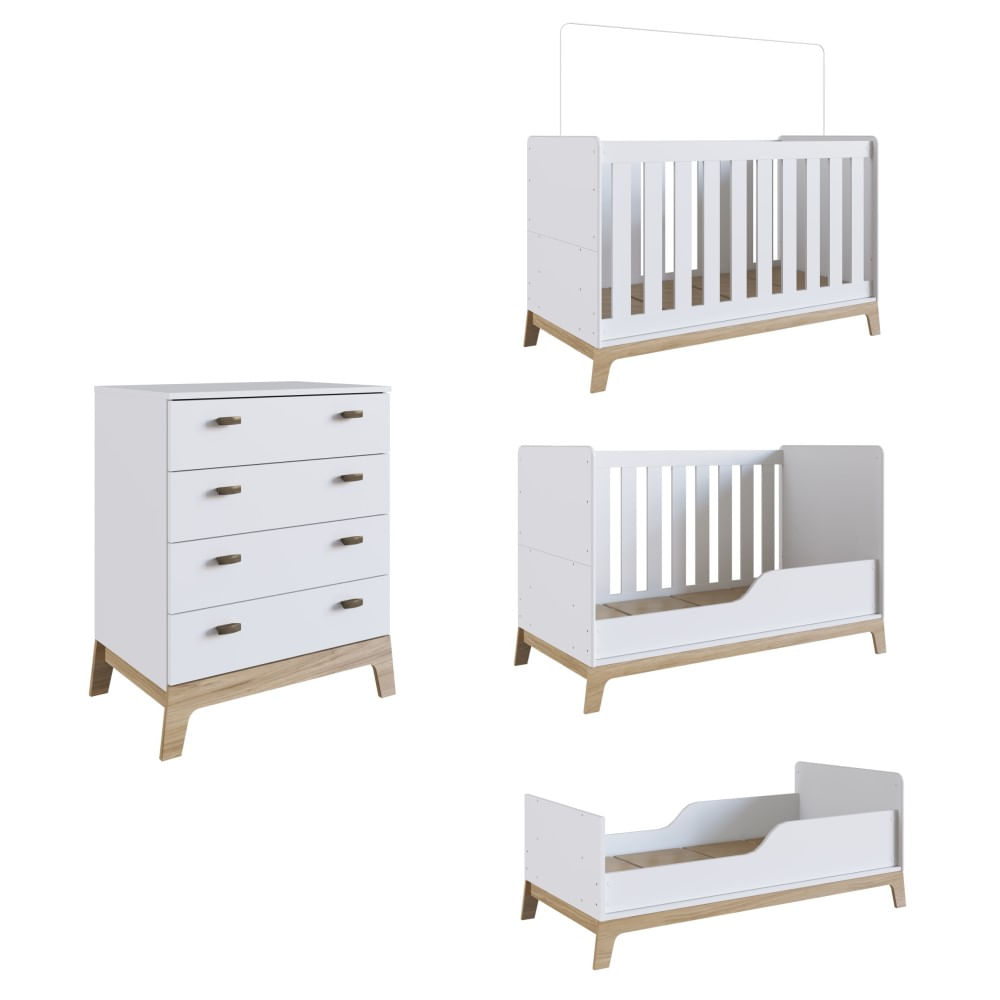Encontraproduto.com.br - Kit Quarto Infantil Conjunto Berço Para Bebê 3 em 1 Mini Cama 3 Regulagens Cômoda 4 Gavetas Branco