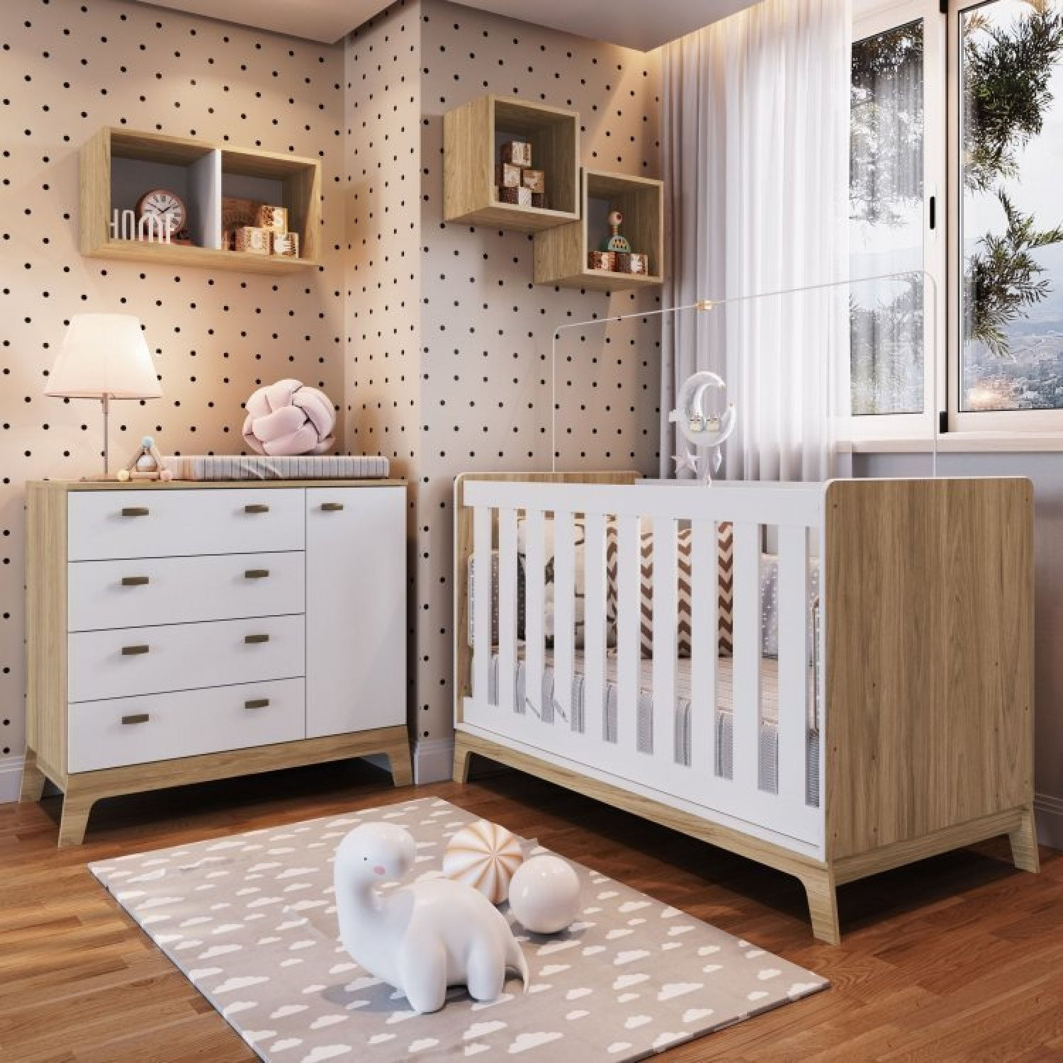 Encontraproduto.com.br - Quarto de Bebê Favo de Mel Berço, Cômoda e Nichos  - Natural/Branco
