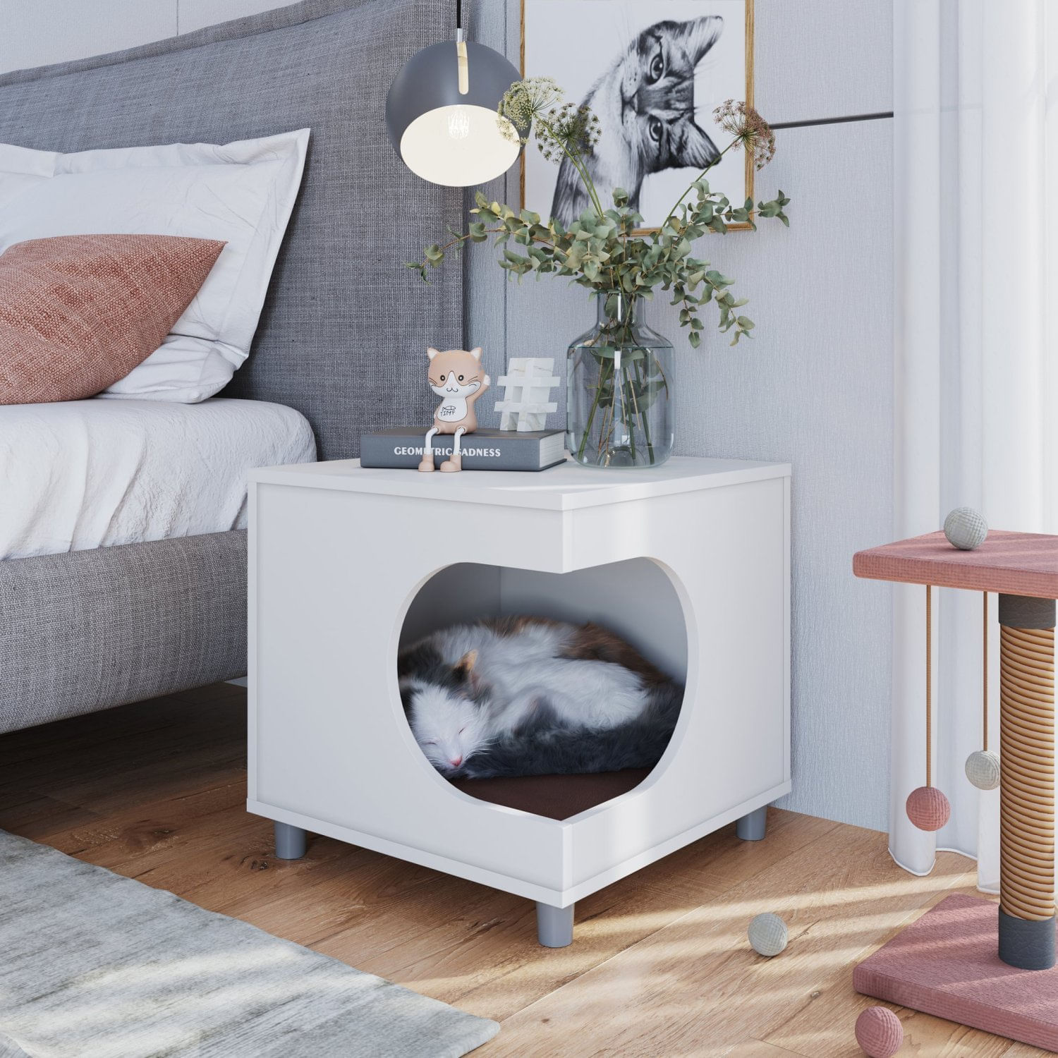 Encontraproduto.com.br - Mesa Cabeceira Pet Cão E Gato Com Almofada Branco