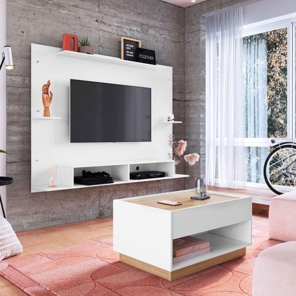 Kit Painel Para Tv E Mesa De Centro Com Gaveta Para Sala Branco Com Oak