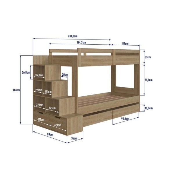 Encontraproduto.com.br - Cama Beliche Infantil com Escada e Nichos e 2 Gavetões Marrom