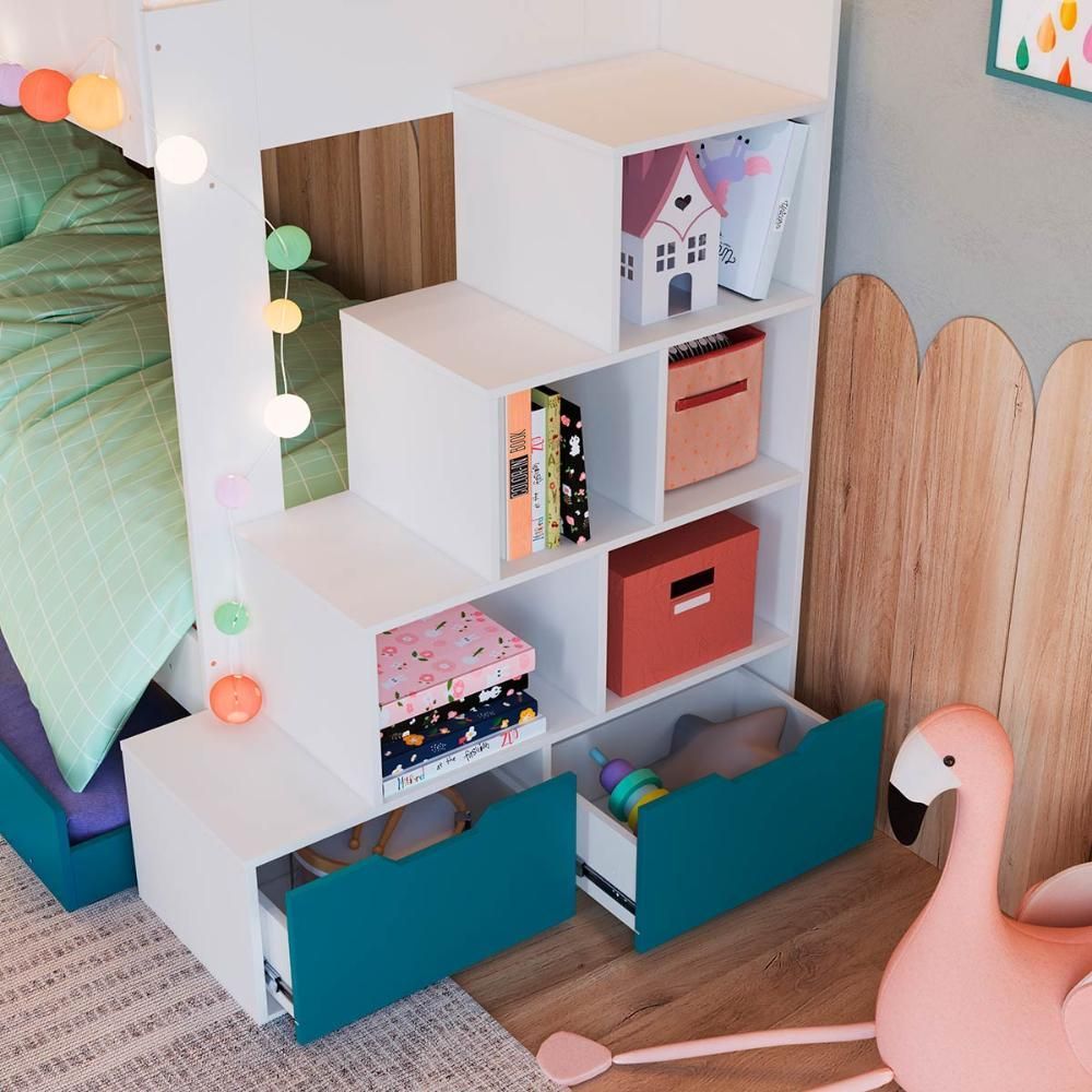 Encontraproduto.com.br - Triliche Infantil Pra Quarto Com Escadas E Estante 231,8 Cm Branco Com Azul Secreto
