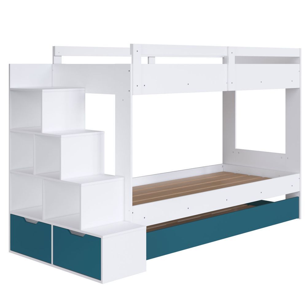 Encontraproduto.com.br - Triliche Infantil Pra Quarto Com Escadas E Estante 231,8 Cm Branco Com Azul Secreto