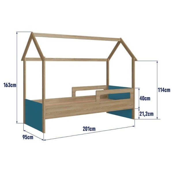 Encontraproduto.com.br - Cama Infantil Montessoriana 2 Alturas Estilo Casinha 201cm Cor:aveiro Oak Com Azul