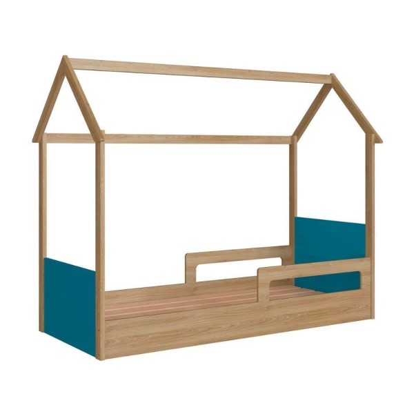 Encontraproduto.com.br - Cama Infantil Montessoriana 2 Alturas Estilo Casinha 201cm Cor:aveiro Oak Com Azul