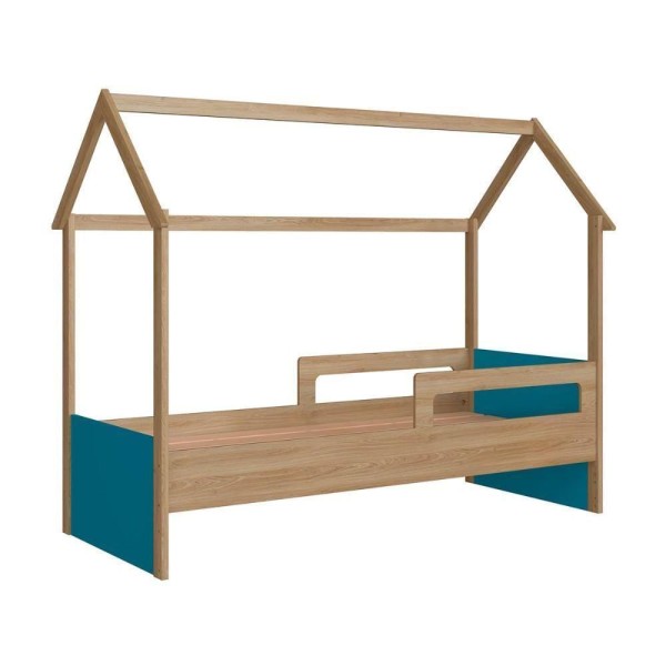Encontraproduto.com.br - Cama Infantil Montessoriana 2 Alturas Estilo Casinha 201cm Cor:aveiro Oak Com Azul