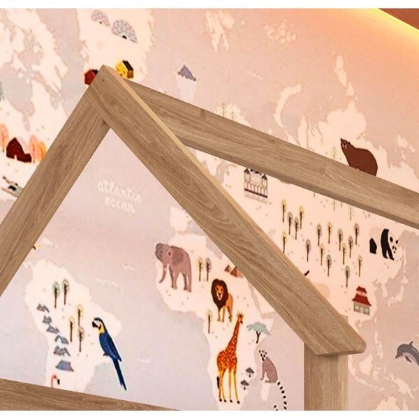 Encontraproduto.com.br - Cama Infantil Montessoriana 2 Alturas Estilo Casinha 201cm Cor:aveiro Oak Com Azul