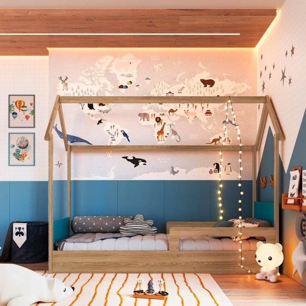 Encontraproduto.com.br - Cama Infantil Montessoriana 2 Alturas Estilo Casinha 201cm Cor:aveiro Oak Com Azul