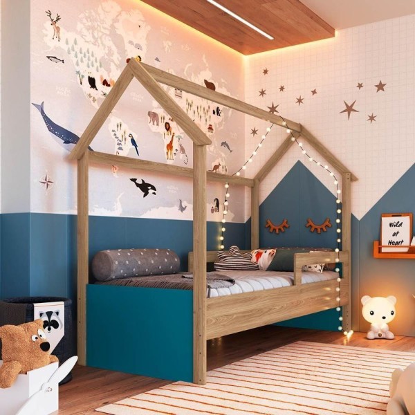 Encontraproduto.com.br - Cama Infantil Montessoriana 2 Alturas Estilo Casinha 201cm Cor:aveiro Oak Com Azul