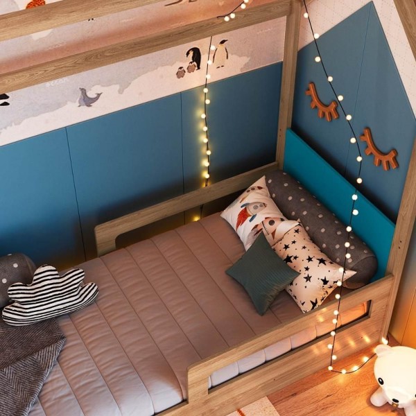 Encontraproduto.com.br - Cama Infantil Montessoriana 2 Alturas Estilo Casinha 201cm Cor:aveiro Oak Com Azul