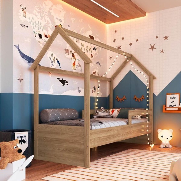 Cama Infantil Montessoriana 2 Alturas Estilo Casinha 201cm Branco Com Azul