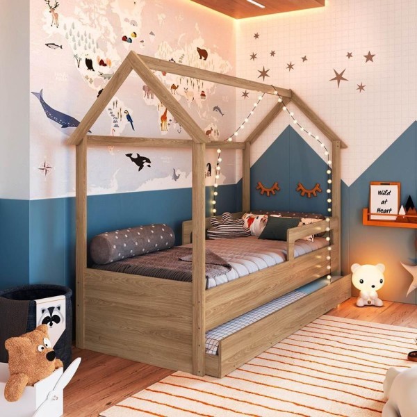 Cama Montessoriana Infantil Estilo Casinha Com Cama Auxiliar aveiro Oak Com Azul Secreto Aveiro