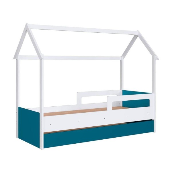 Cama Montessoriana Infantil Estilo Casinha Com Cama Auxiliar Branco Com Azul Secreto