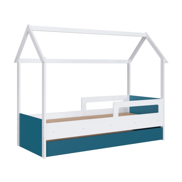 Cama Montessoriana Infantil Estilo Casinha Com Cama Auxiliar Branco Com Azul Secreto