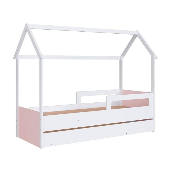 Cama Montessoriana Infantil Estilo Casinha Com Cama Auxiliar Cor:branco Com Rosa Branco Com Rosa