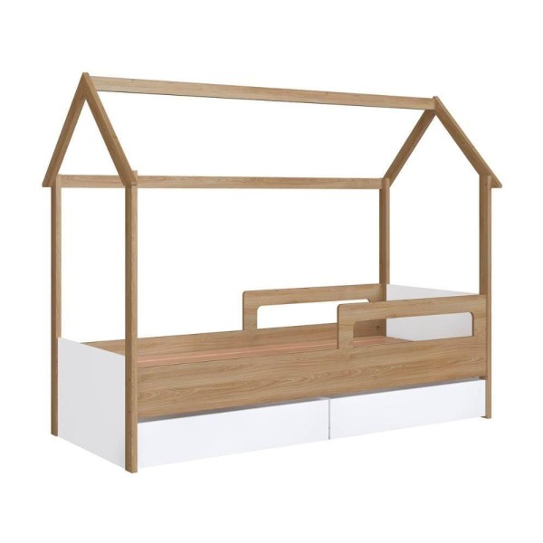 Cama Montessoriana Infantil Estilo Casinha 2 Gavetões 201cm Aveiro Oak Com Branco