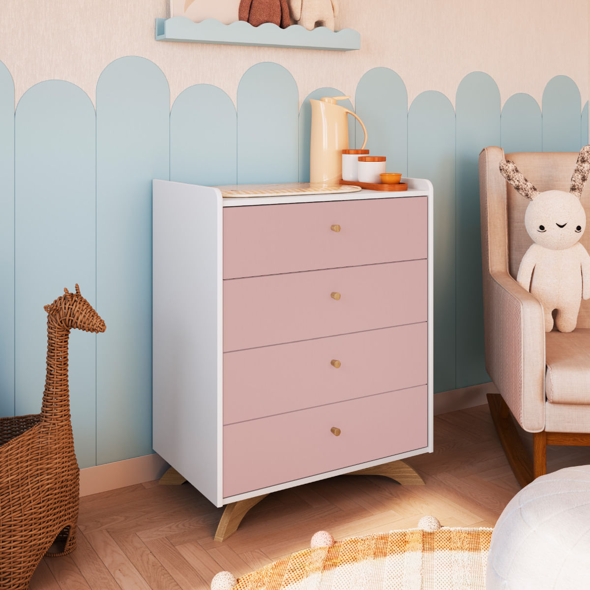 Encontraproduto.com.br - Cômoda Infantil 4 Gavetas Completa Móveis Affetto Branco Rosa