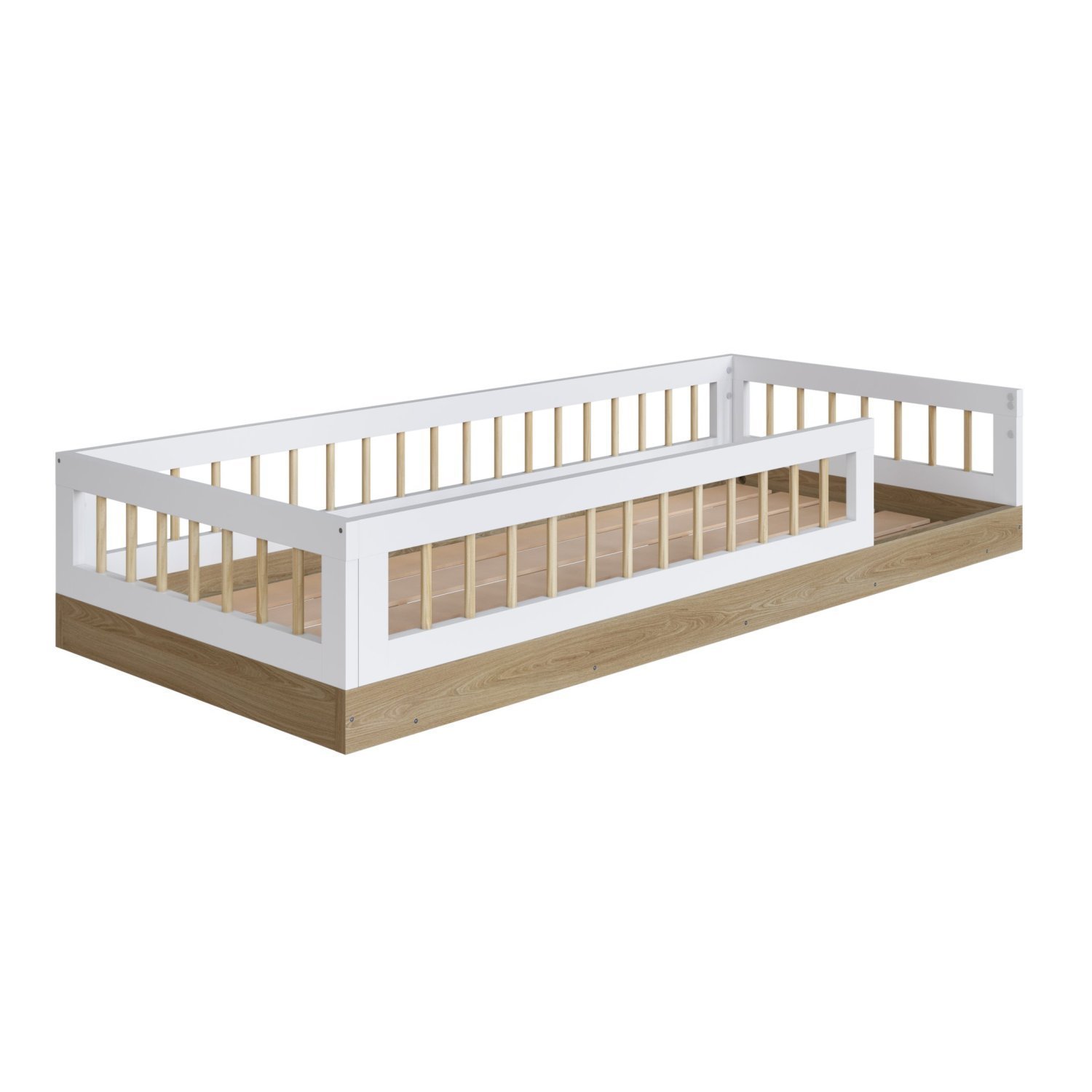 Encontraproduto.com.br - Cama Montessoriana Infantil Com Grades De Proteção 1,95 Oak Com Branco Aveiro Oak Com Branco