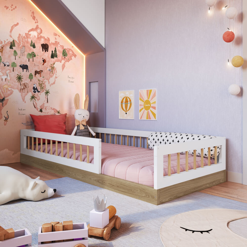 Encontraproduto.com.br - Cama Montessoriana Infantil Com Grades De Proteção 1,95 Oak Com Branco Aveiro Oak Com Branco