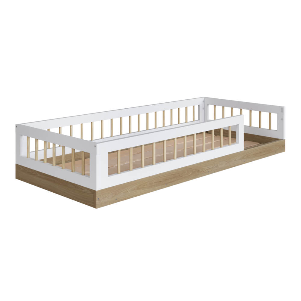 Encontraproduto.com.br - Cama Montessoriana Infantil Com Grades De Proteção 1,95 Oak Com Branco Aveiro Oak Com Branco
