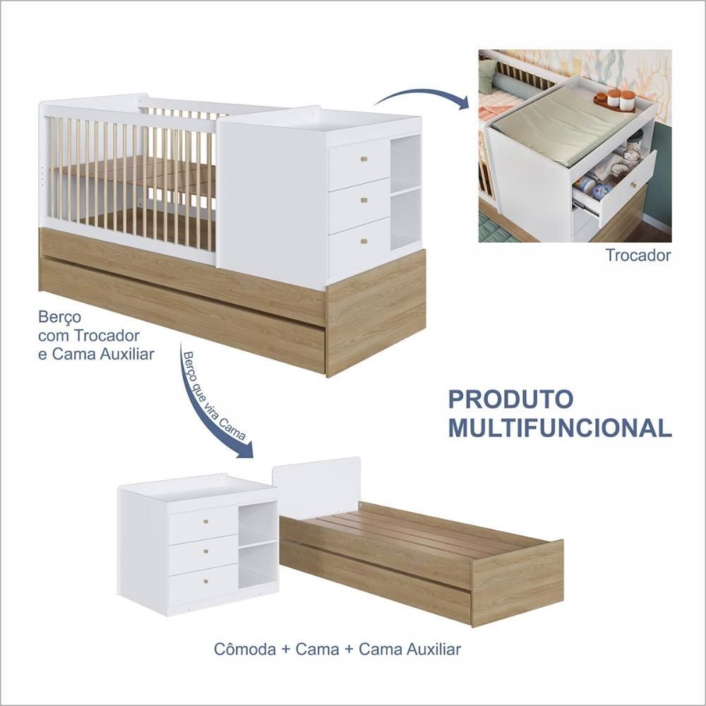 Encontraproduto.com.br - Berço Para Quarto Infantil 2 Em 1 Com Cama Auxiliar 194 Cm Oak Com Branco Aveiro Oak Com Branco