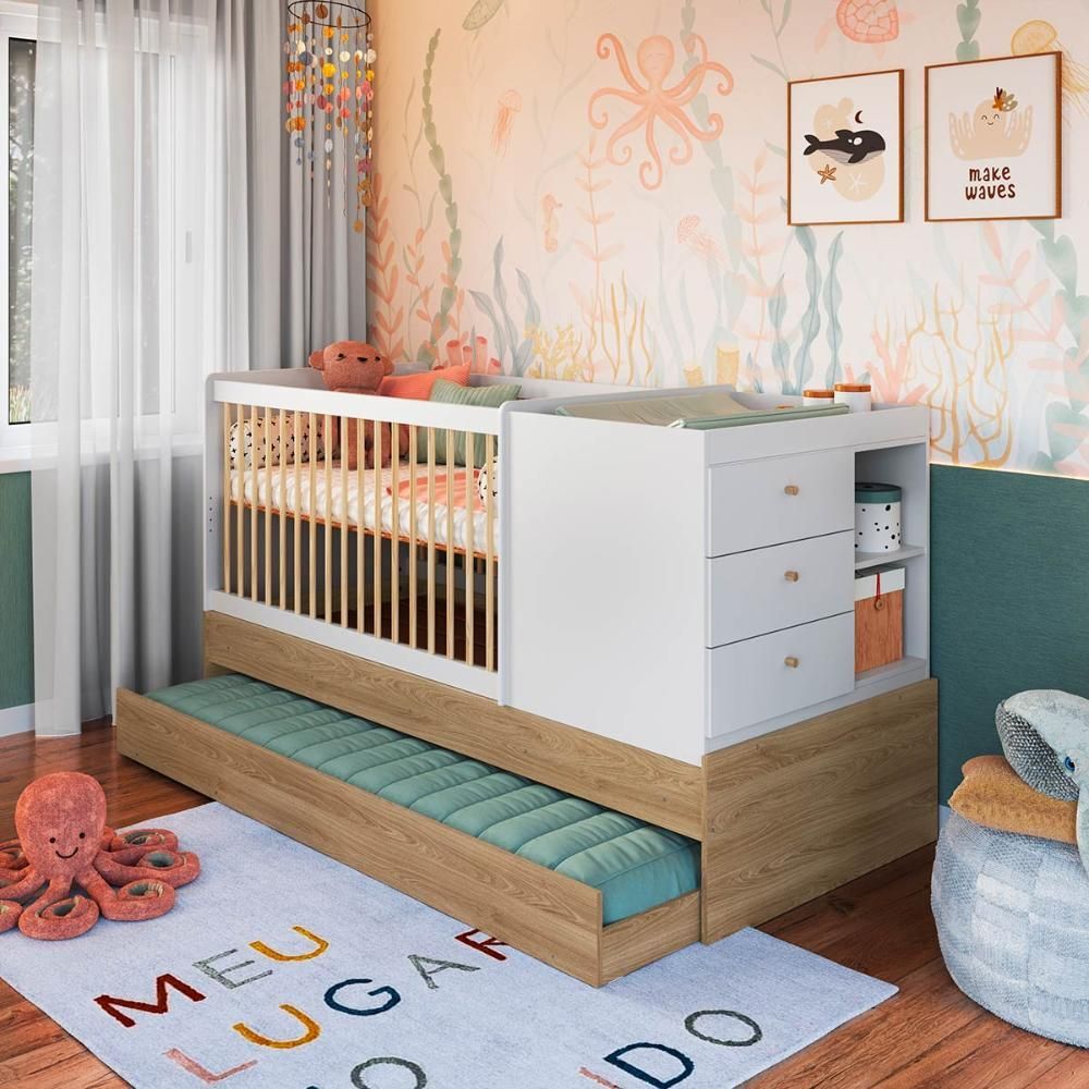 Encontraproduto.com.br - Berço Para Quarto Infantil 2 Em 1 Com Cama Auxiliar 194 Cm Oak Com Branco Aveiro Oak Com Branco