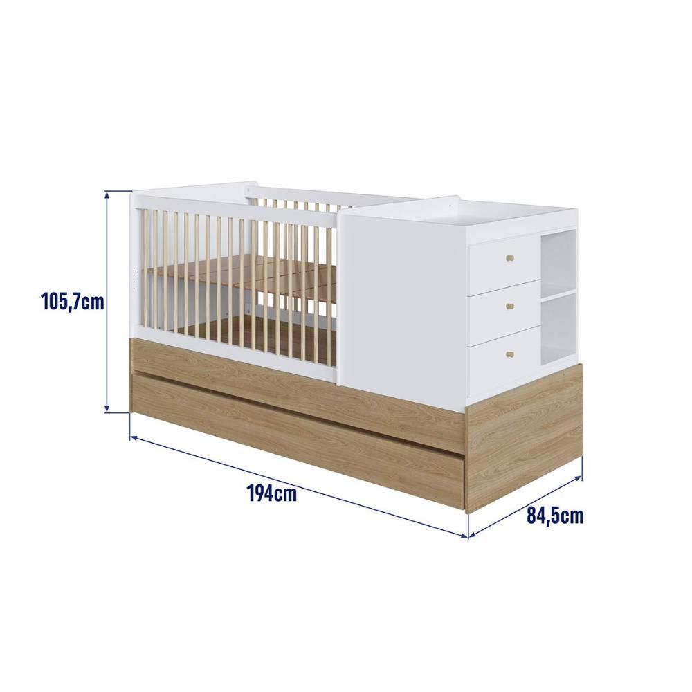 Encontraproduto.com.br - Berço Para Quarto Infantil 2 Em 1 Com Cama Auxiliar 194 Cm Oak Com Branco Aveiro Oak Com Branco