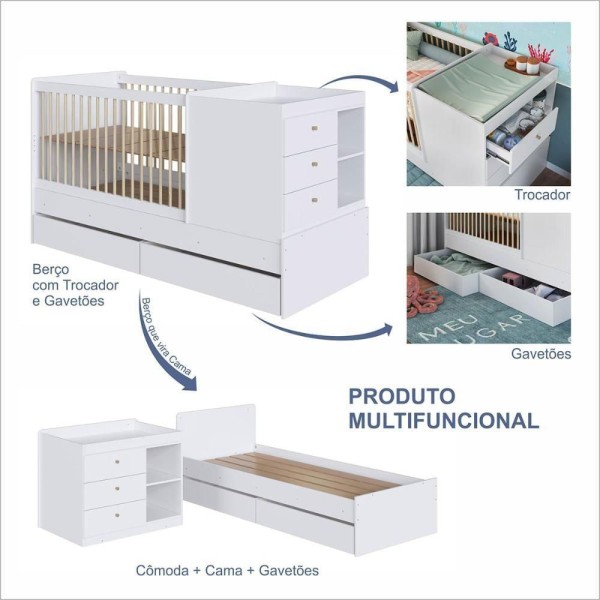 Encontraproduto.com.br - Berço Que Vira Cama Para Quarto Infantil Com Gavetões 194 Cm Cor:branco Branco