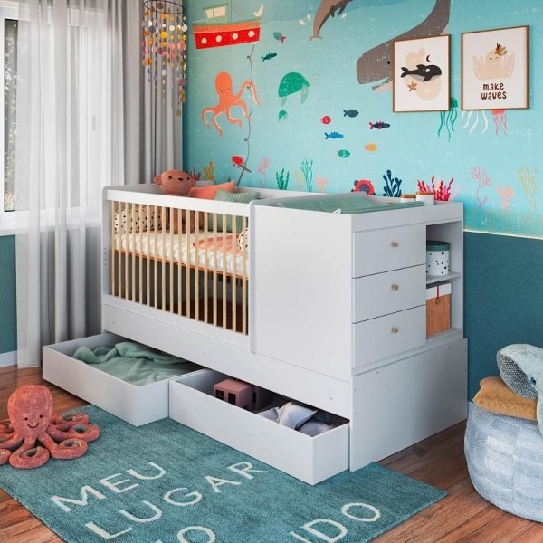 Encontraproduto.com.br - Berço Que Vira Cama Para Quarto Infantil Com Gavetões 194 Cm Cor:branco Branco