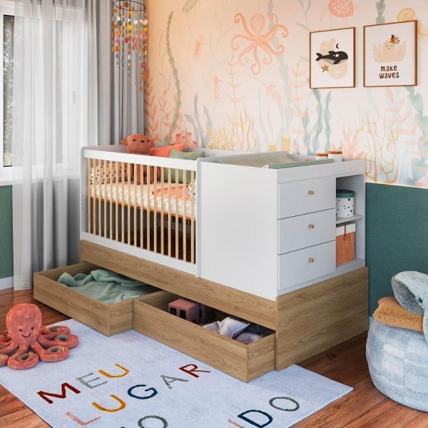 Berço Que Vira Cama Para Quarto Infantil Com Gavetões 194 Cm Oak Com Branco Aveiro Oak Com Branco
