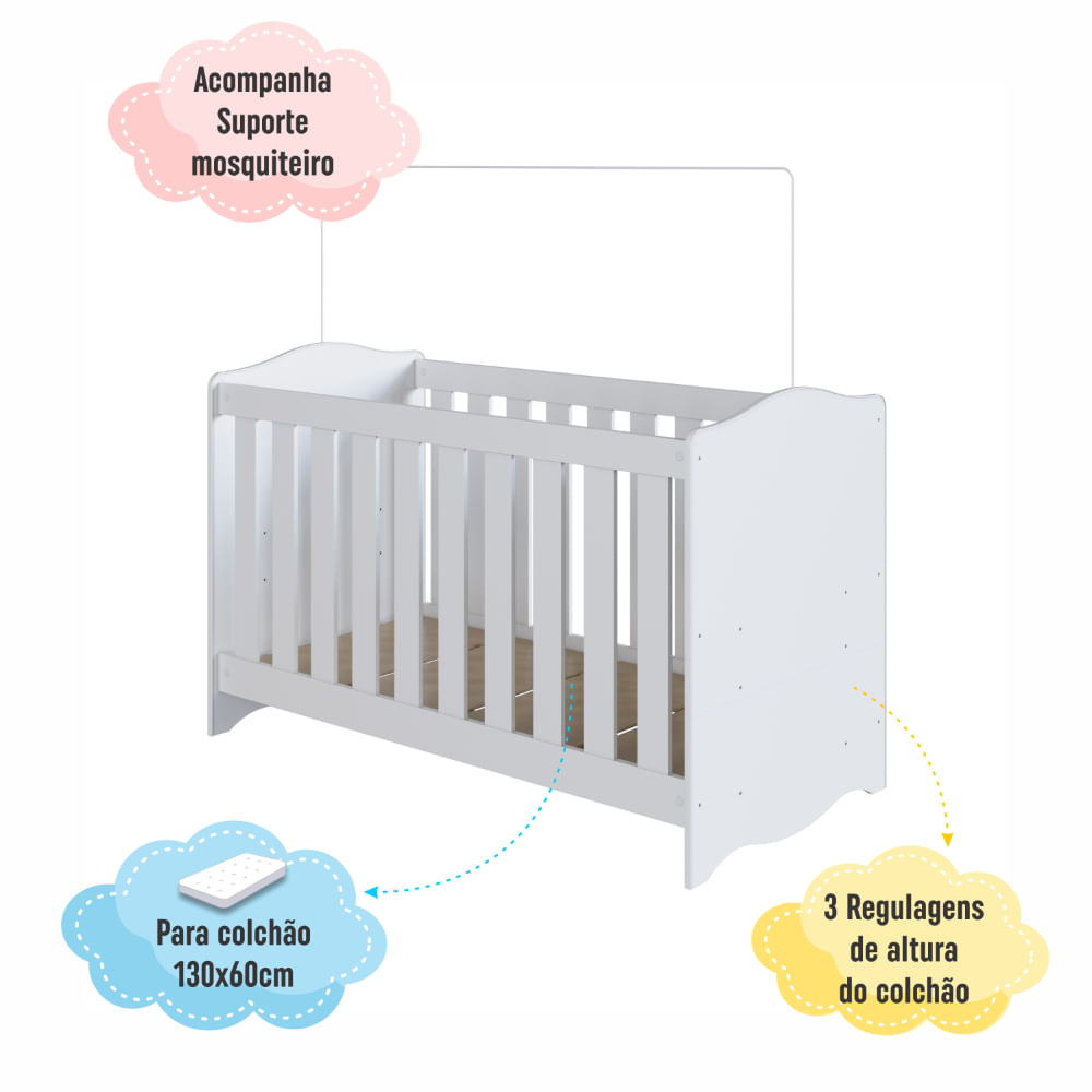 Encontraproduto.com.br - Berço Americano 3 em 1 com Suporte para Mosquiteiro Linha Encanto Branco - Completa Móveis