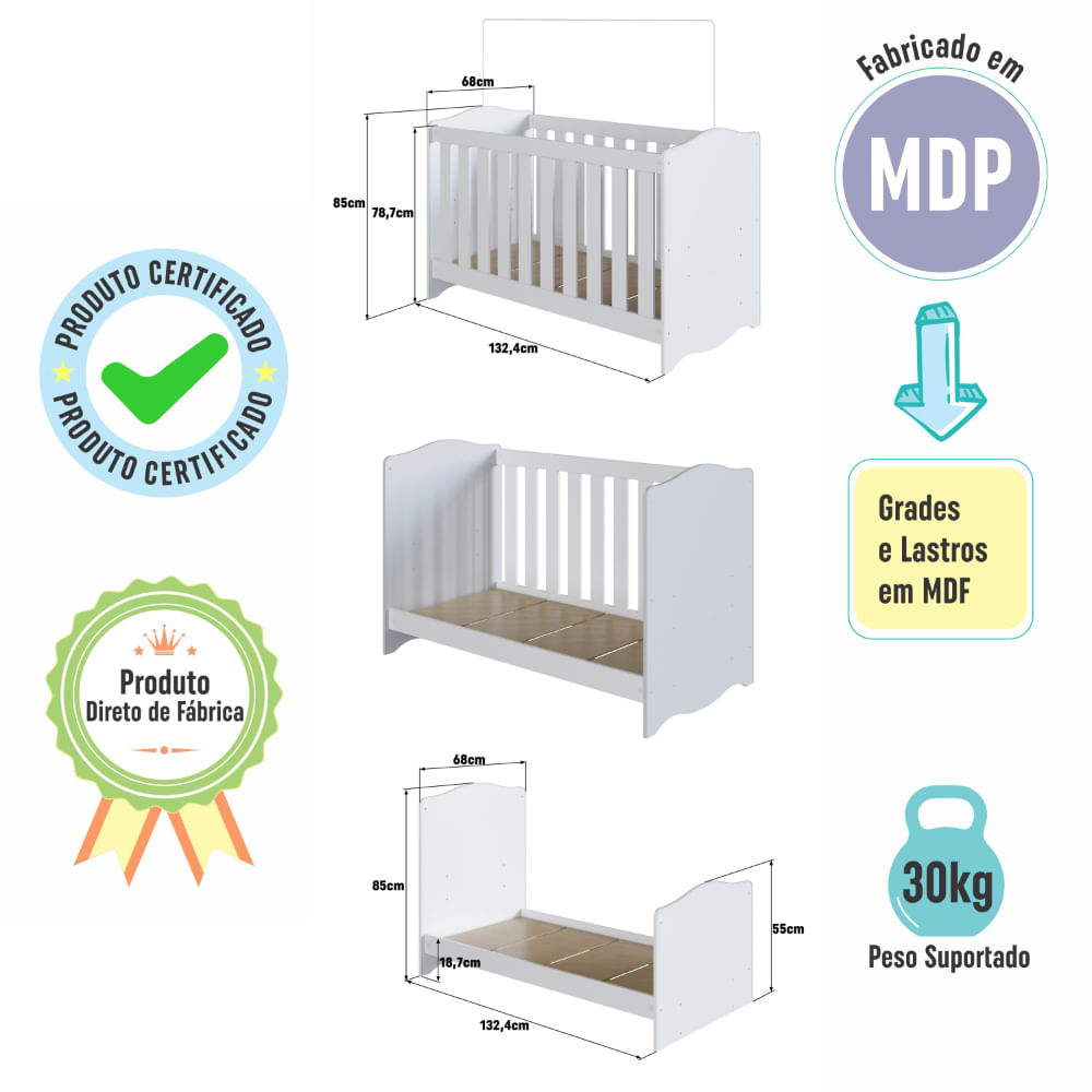 Encontraproduto.com.br - Berço Americano 3 em 1 com Suporte para Mosquiteiro Linha Encanto Branco - Completa Móveis