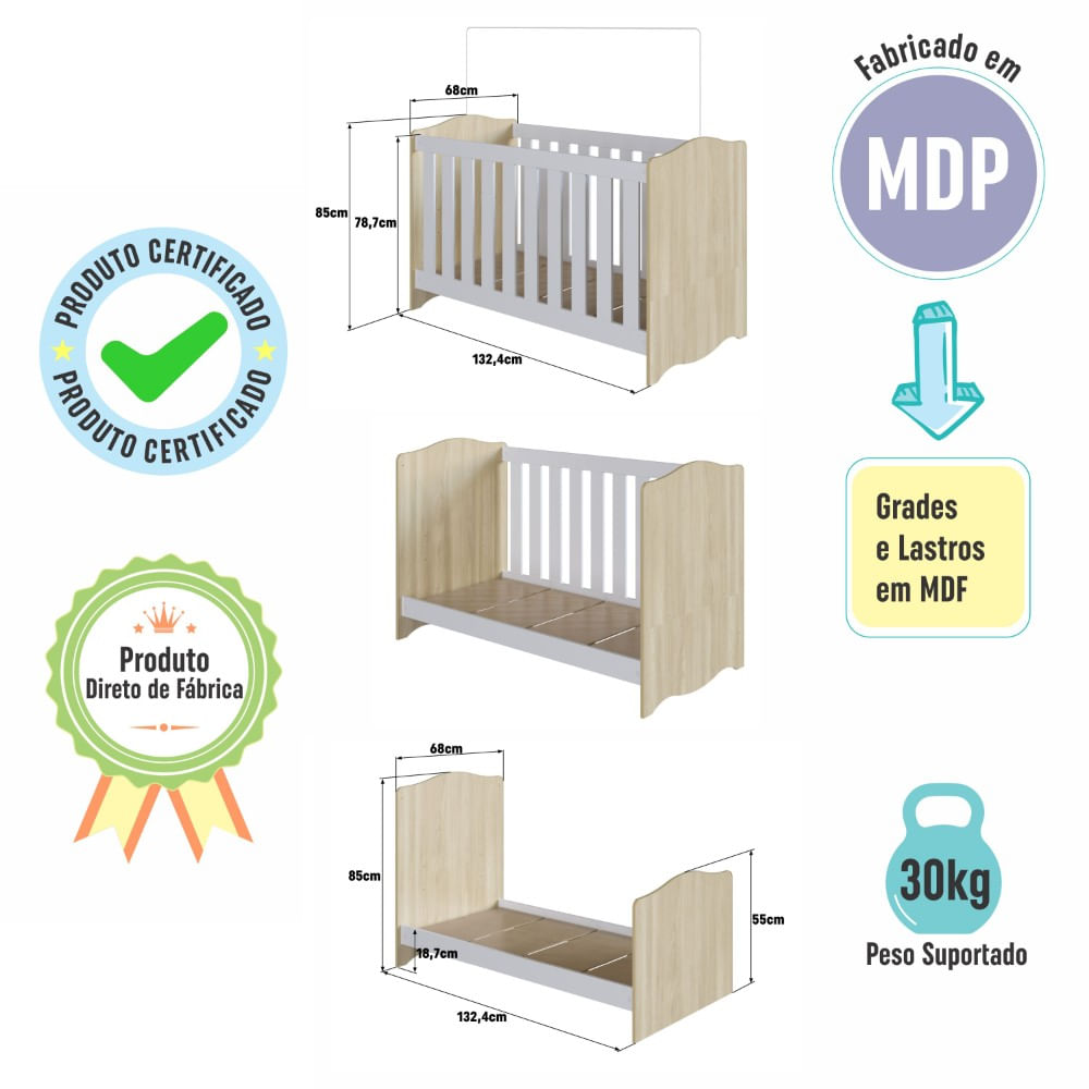 Encontraproduto.com.br - Berço Americano 3 em 1 com Suporte para Mosquiteiro Linha Encanto Araguaia/Branco - Completa Móveis