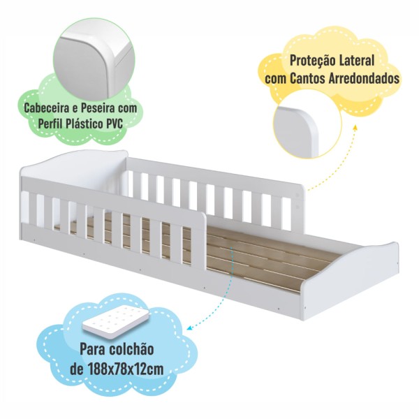 Encontraproduto.com.br - Cama Montessoriana Infantil de Chão com Cercado Linha Encanto Branco - Completa Móveis