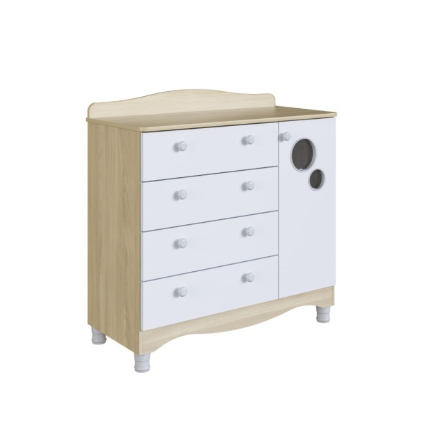 Cômoda Infantil 4 Gavetas 1 Porta Fraldário Linha Encanto 90cm Carvalho/Branco - Completa Móveis